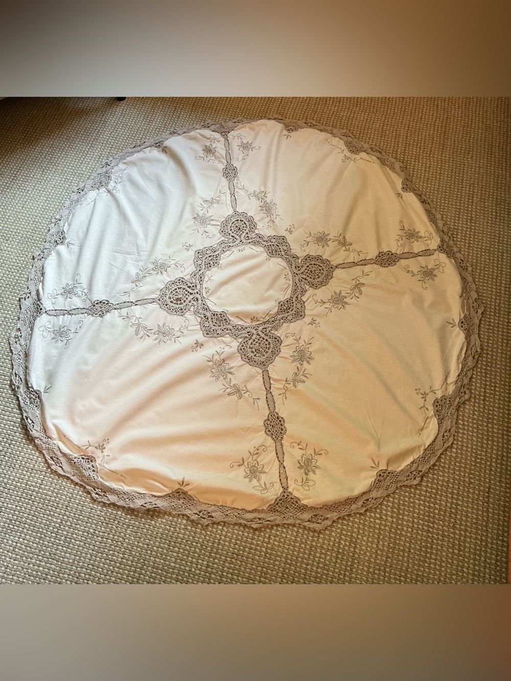 Round Embroidered Tablecloth with Crochet Trim